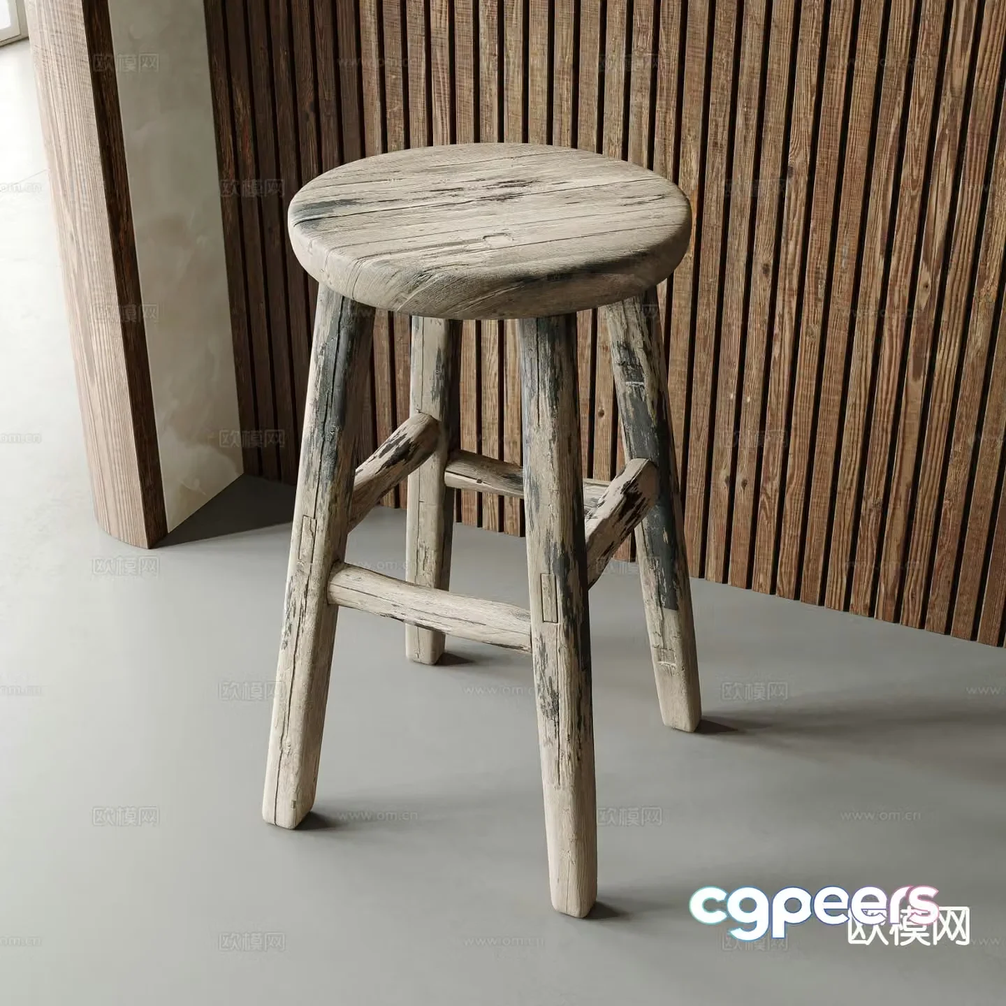 Wabi-sabi style bar stool bar chair solid wood bar chair 3D model
