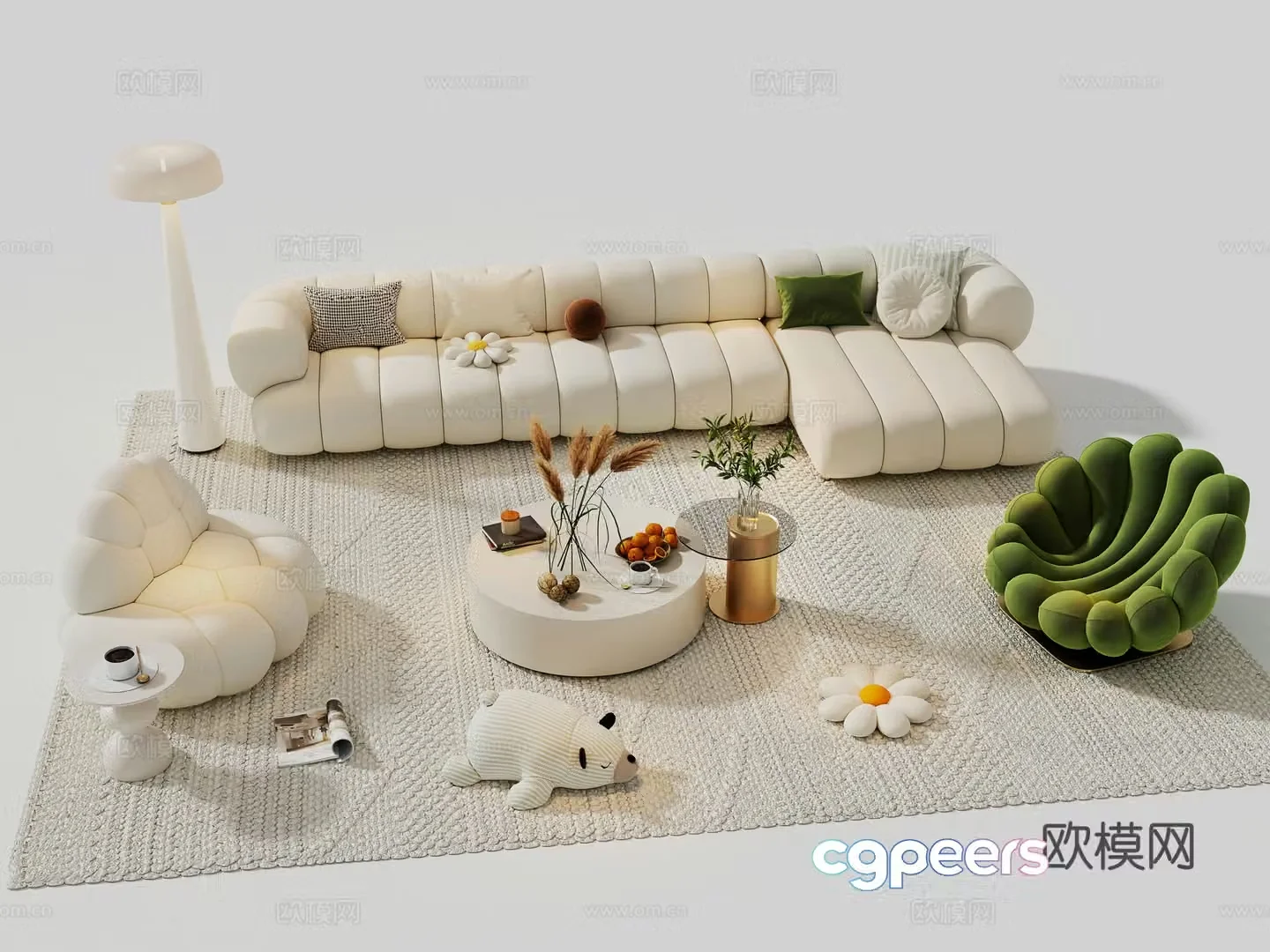 Modern cream sofa combination casual sofa sofa coffee table combination carpet floor lamp 3d model