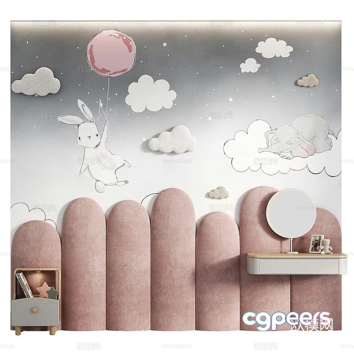 Modern creamy style children’s room bedside background wall 3d model
