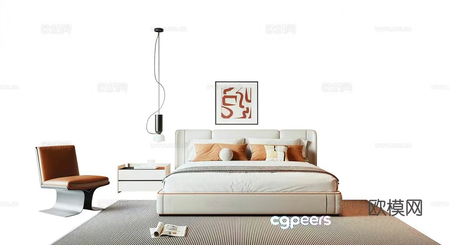 Modern Italian double bed chandelier decorative painting lazy sofa bedside table 3d model