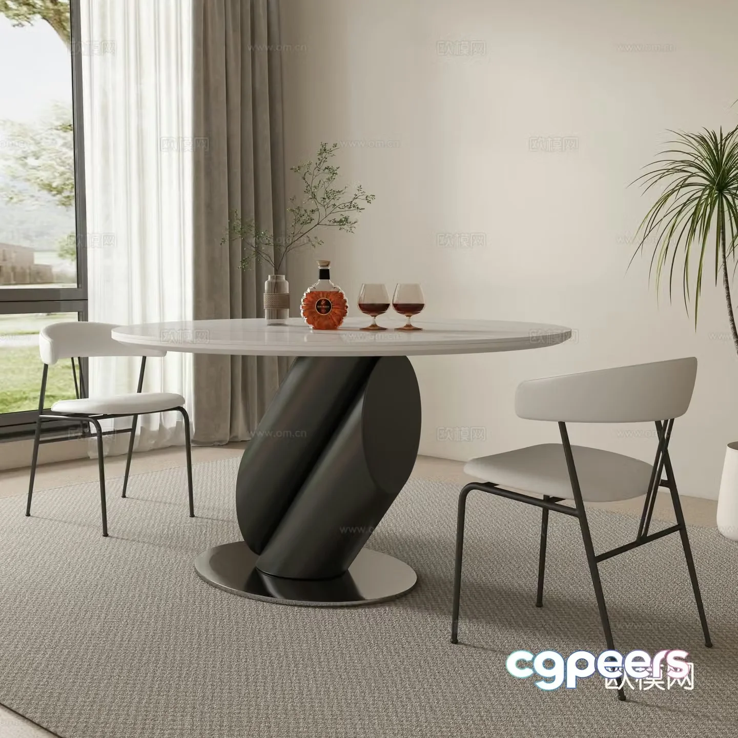 Round dining table and chairs 3d model