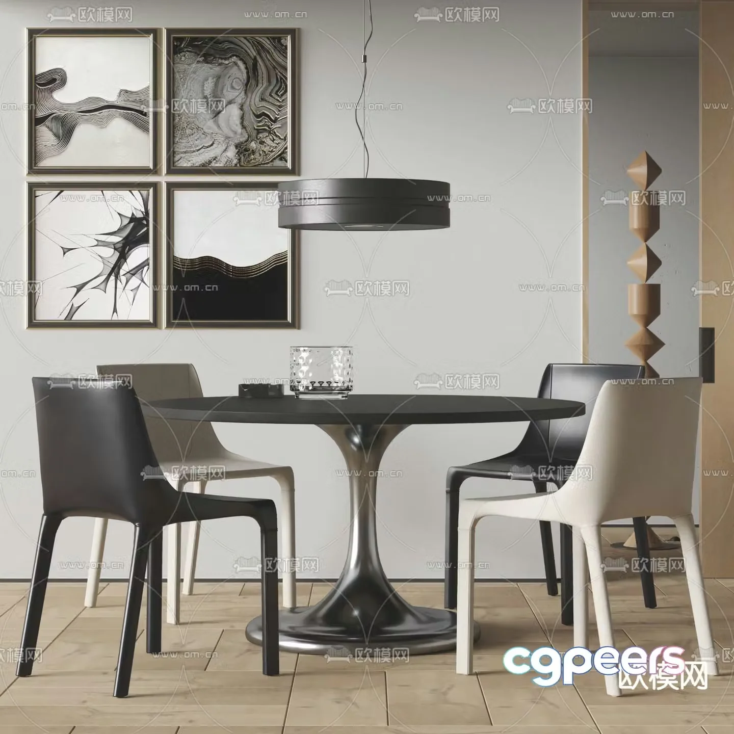 Round dining table and chairs 3d model