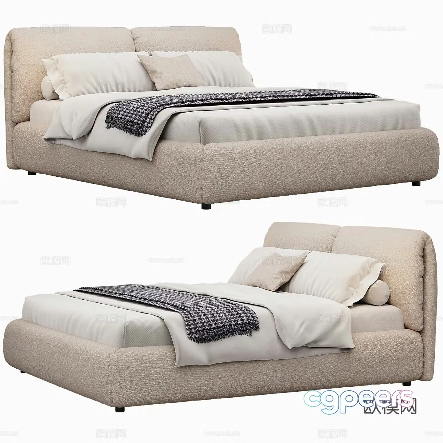 Modern fabric double bed bedding mattress pillow 3d model