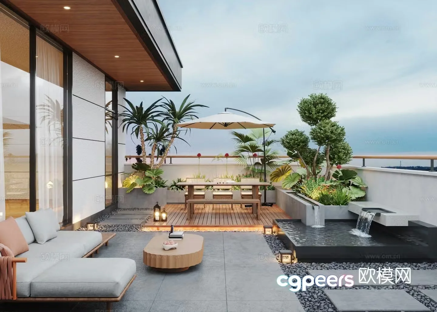Modern roof garden water view pool outdoor sofa outdoor dining 3d model