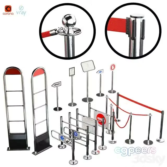 3ds Max Free – Entrance system, fencing turnstiles Barriers fencing. Ropes and ribbon. Information plate sign. Crowd control