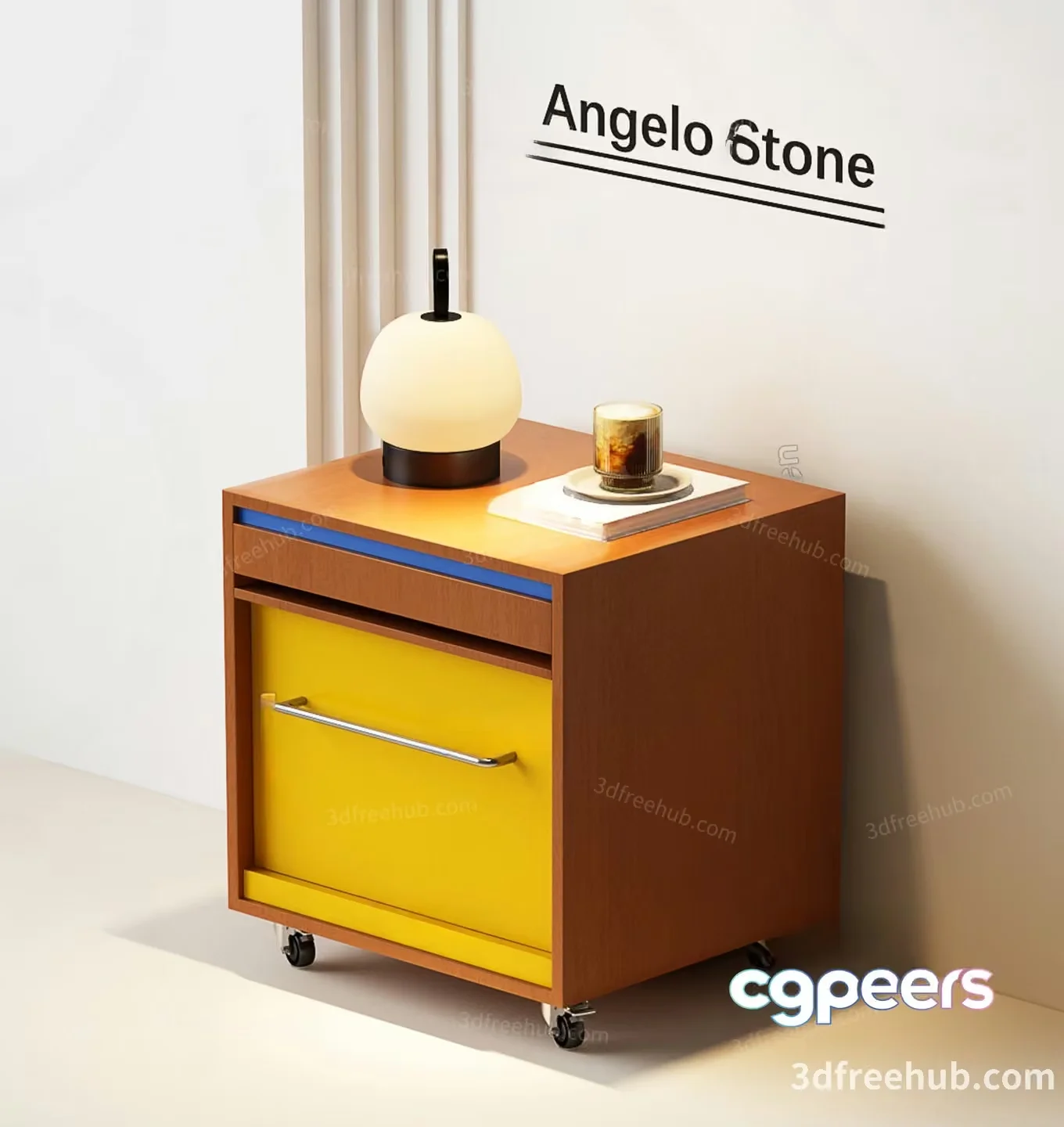 A Wooden Nightstand With A Yellow Drawer 3D Model – 19262 – VRAY Render