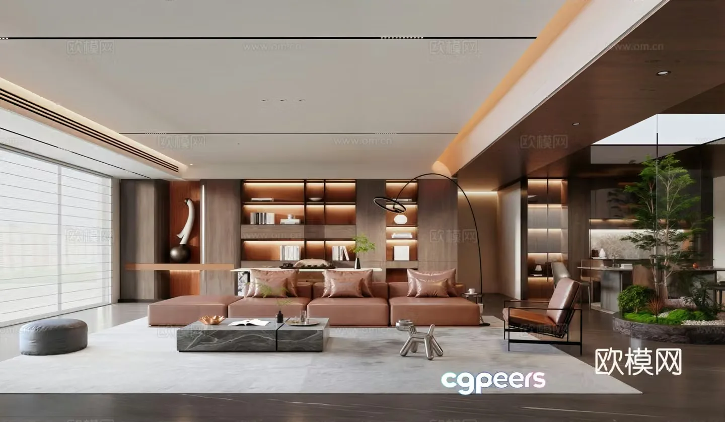 Modern Italian living room bookcase background wall sofa and coffee table combination sideboard landscape sketch 3d model