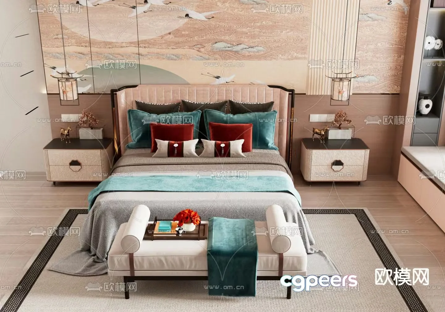 New Chinese style double bed 3d model