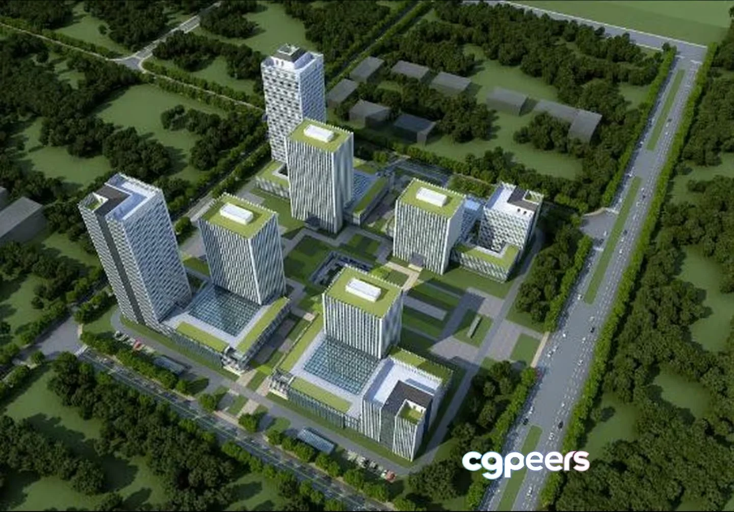 This Image Depicts A Modern Cityscape With Several Tall Buildings Showcasing A Contemporary 3D Model – 2047 – VRAY Render