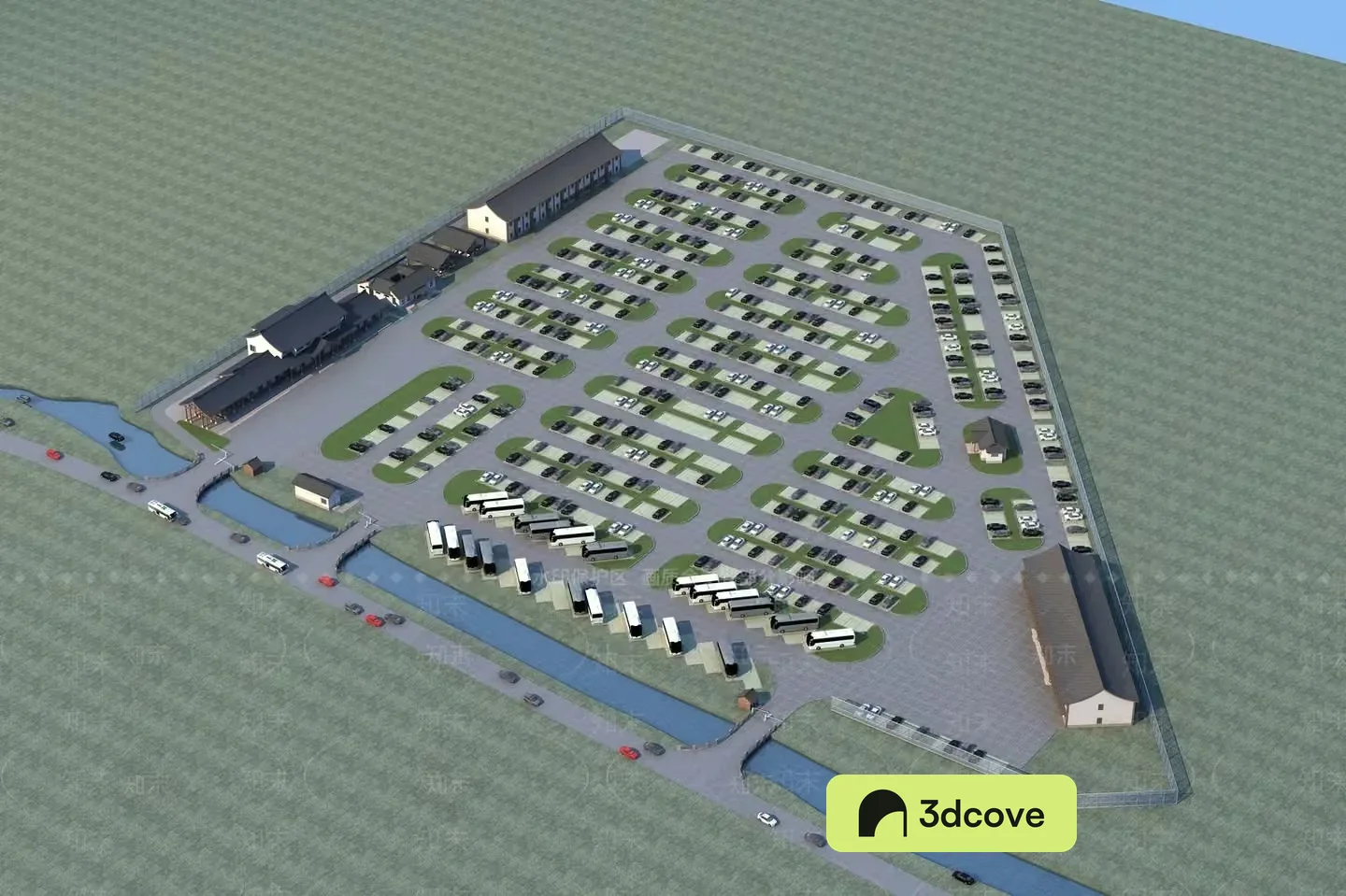 A 3D Rendering Of A Large Parking Lot With Many Cars And Rv