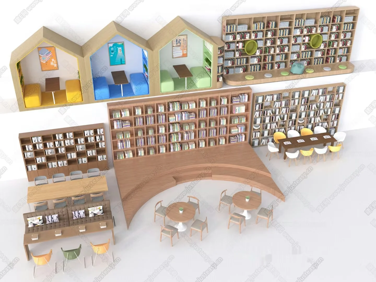 A Library With Wooden Furniture 3D Model – 22786 – VRAY Render