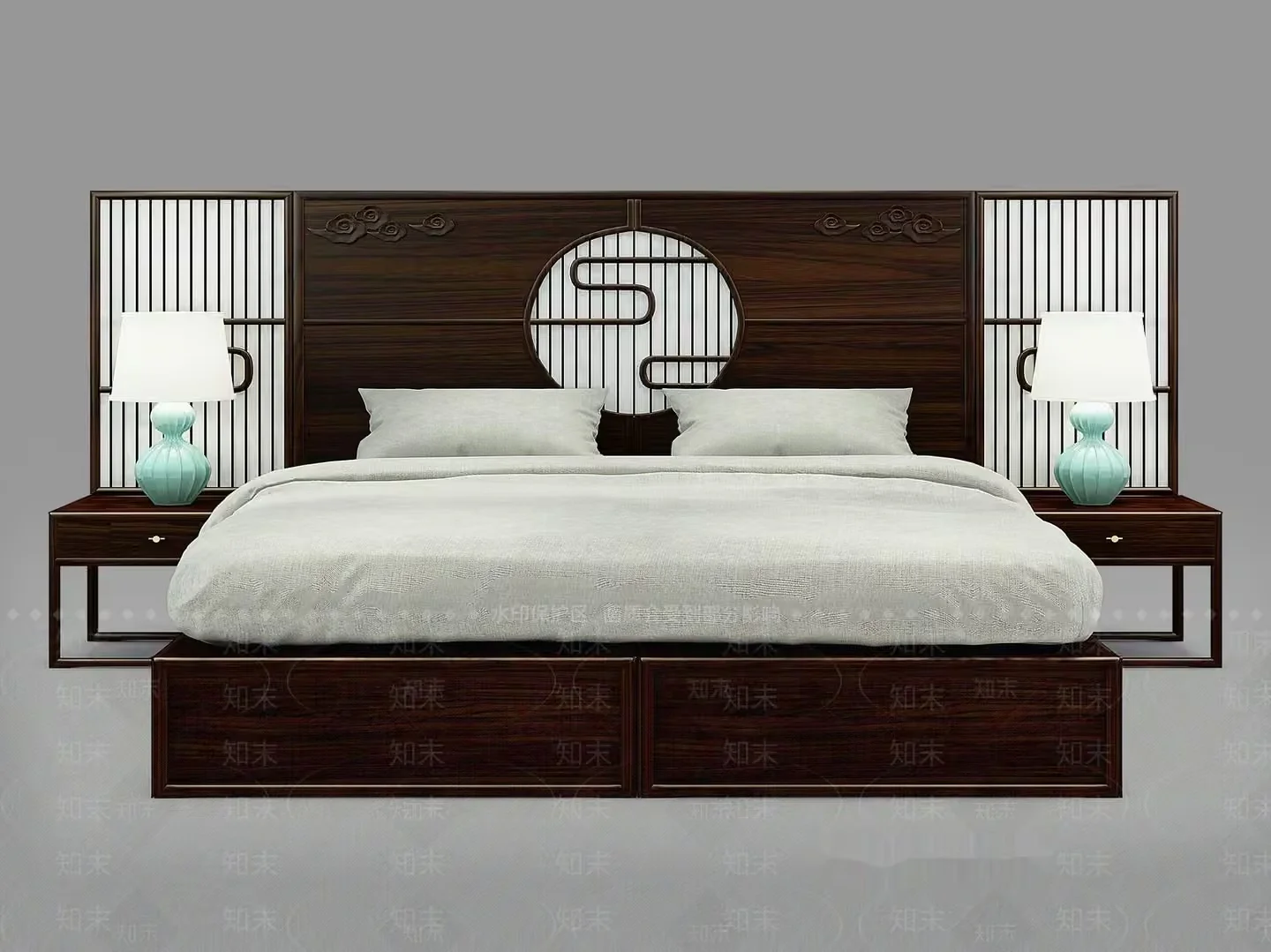 A Dark Wood Bed With A Circular Headboard 3D Model – 17708 – VRAY Render