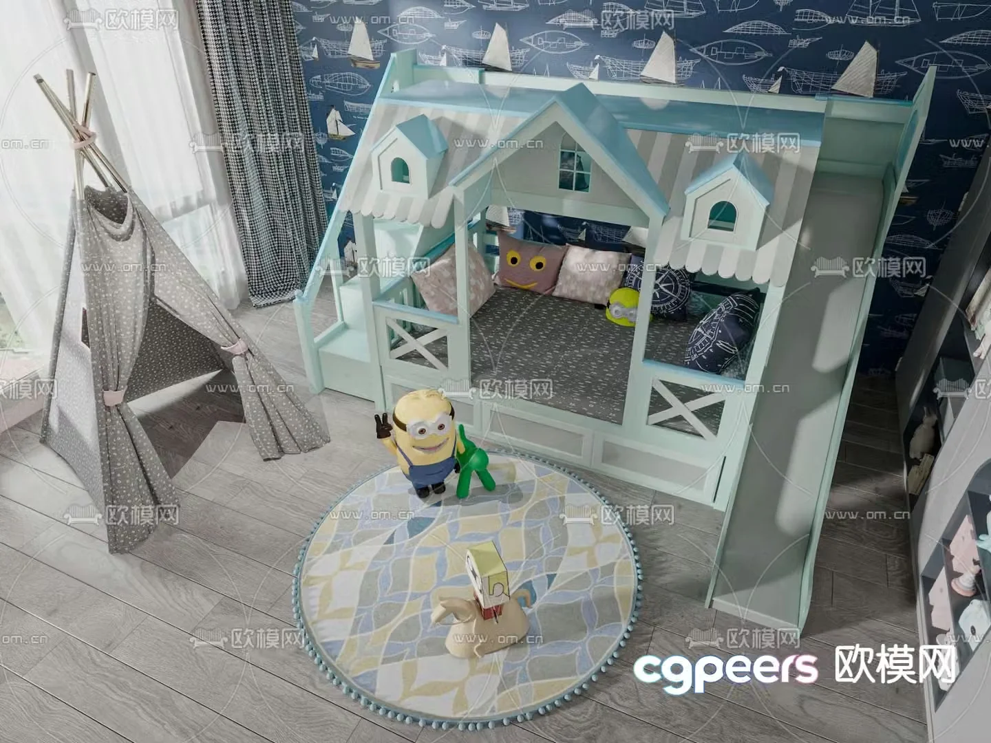 Nordic room-shaped children’s bed 3D model