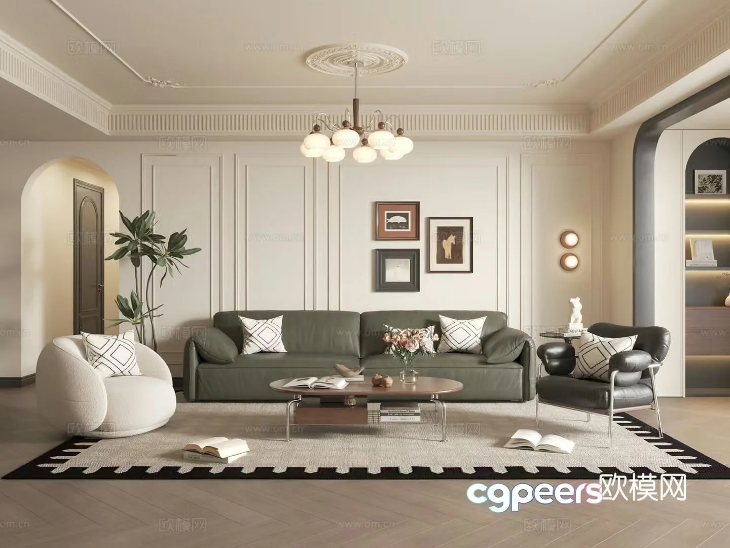 French medieval home living room_sofa coffee table combination_leather sofa_sofa background wall 3D model