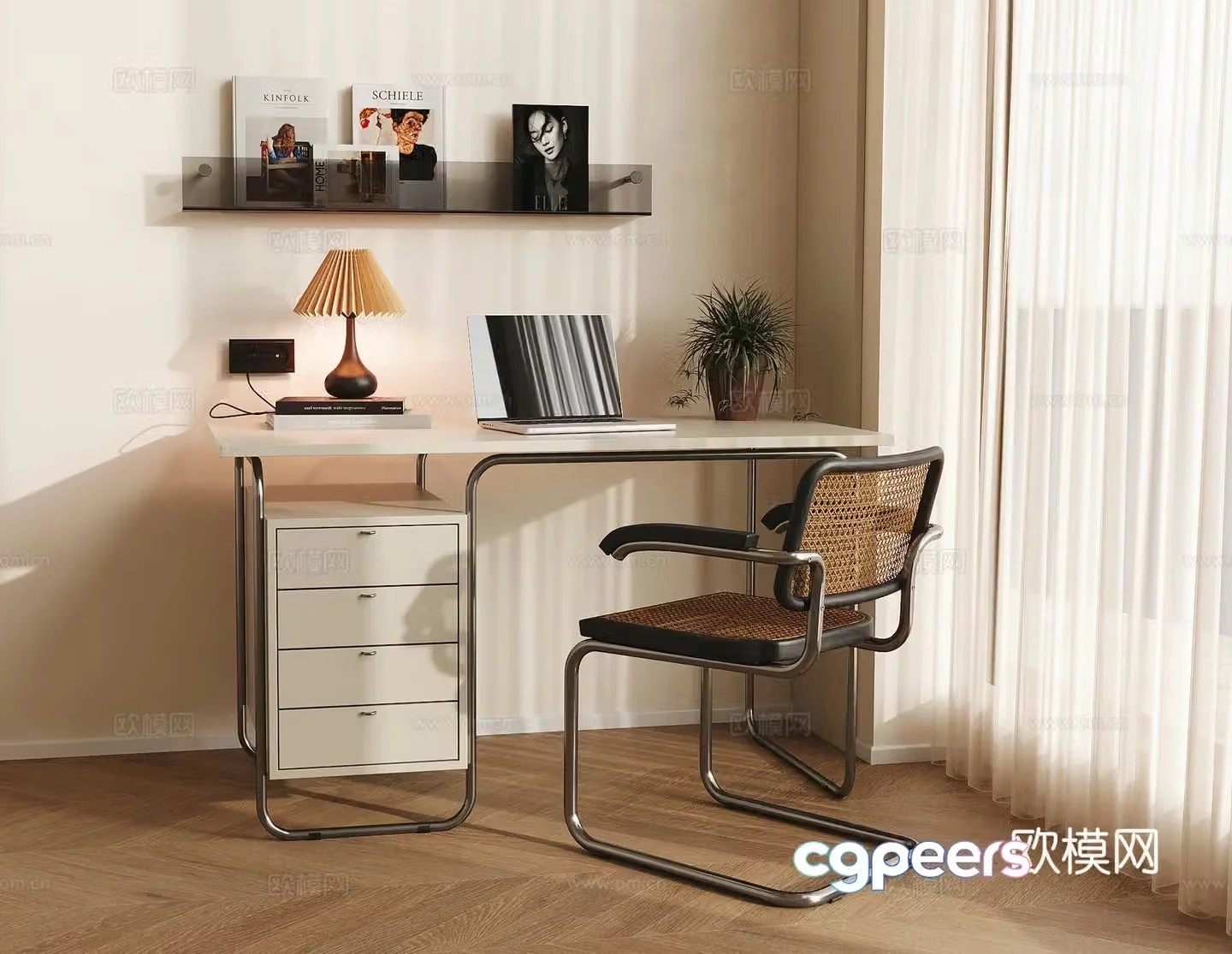Modern cream style desk and chair combination adult desk lamp ornament combination bookshelf 3D model