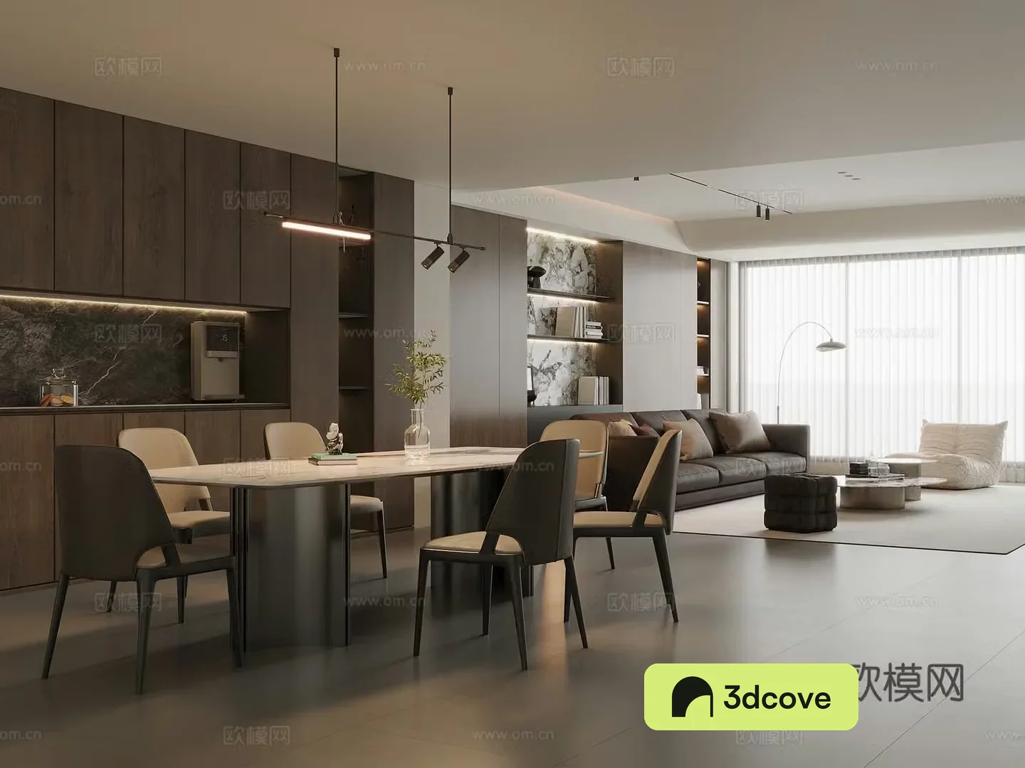 Modern Italian dining room marble dining table and chairs sideboard wine cabinet leather sofa coffee table combination