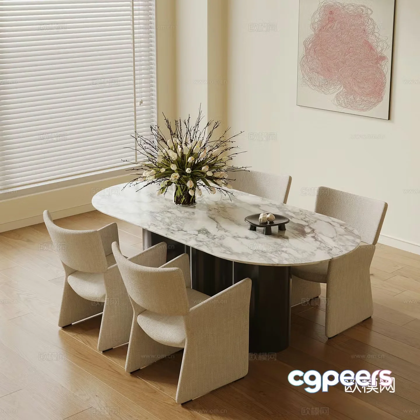 Modern cream style dining table and chair 3d model