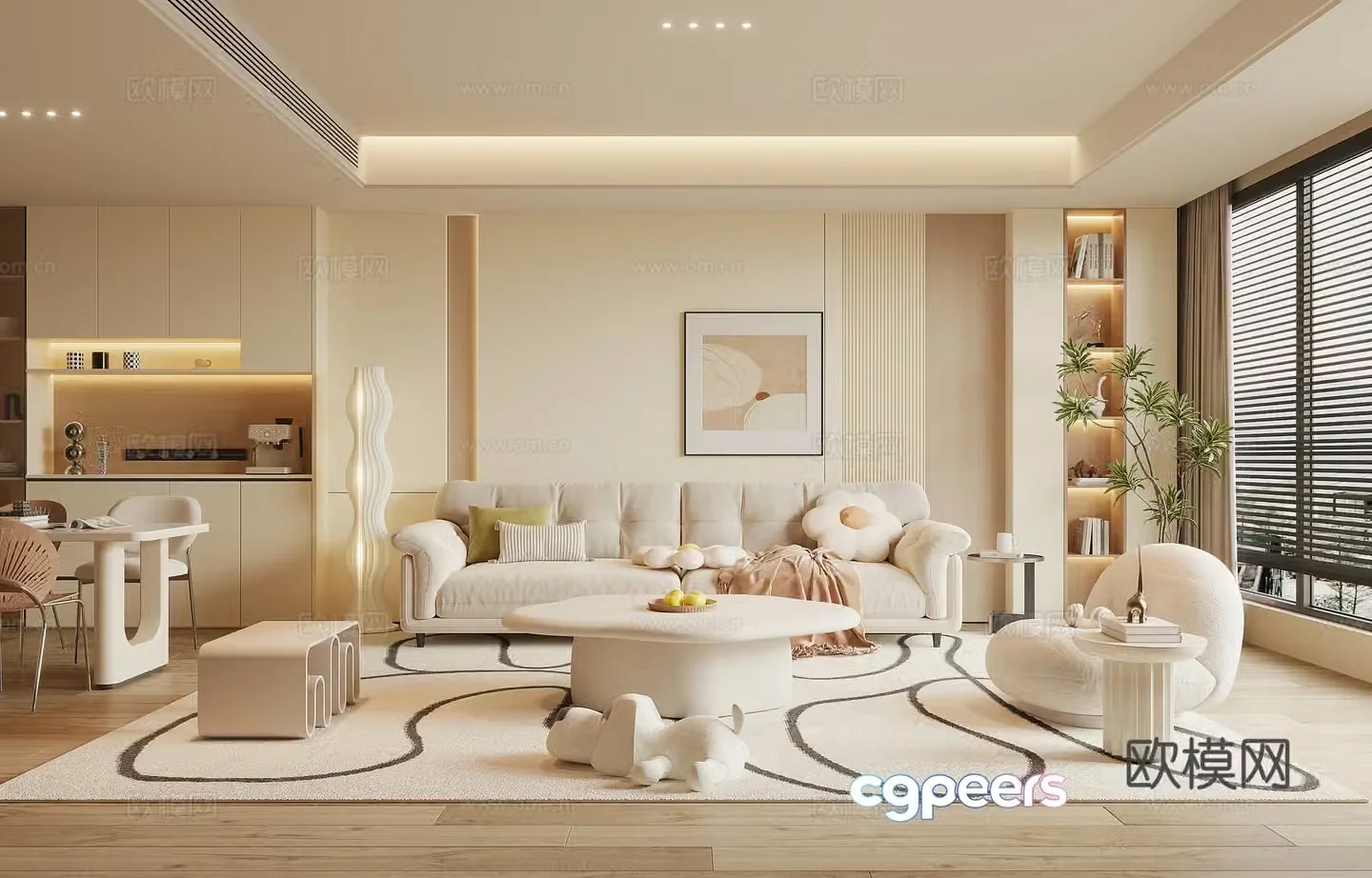 Modern Cream Style Restaurant 3D Model