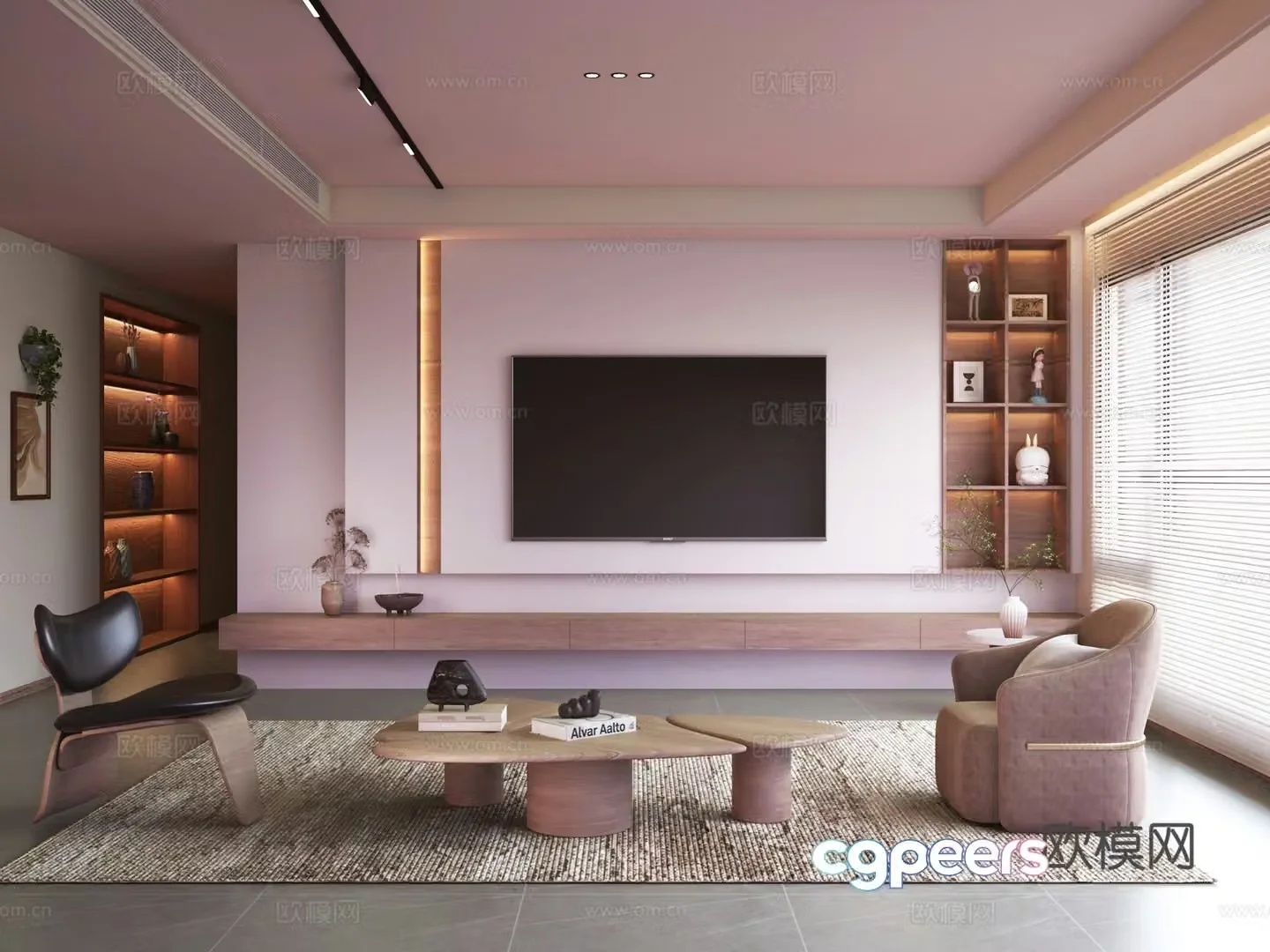 Middle style living room TV wall coffee table single sofa 3d model