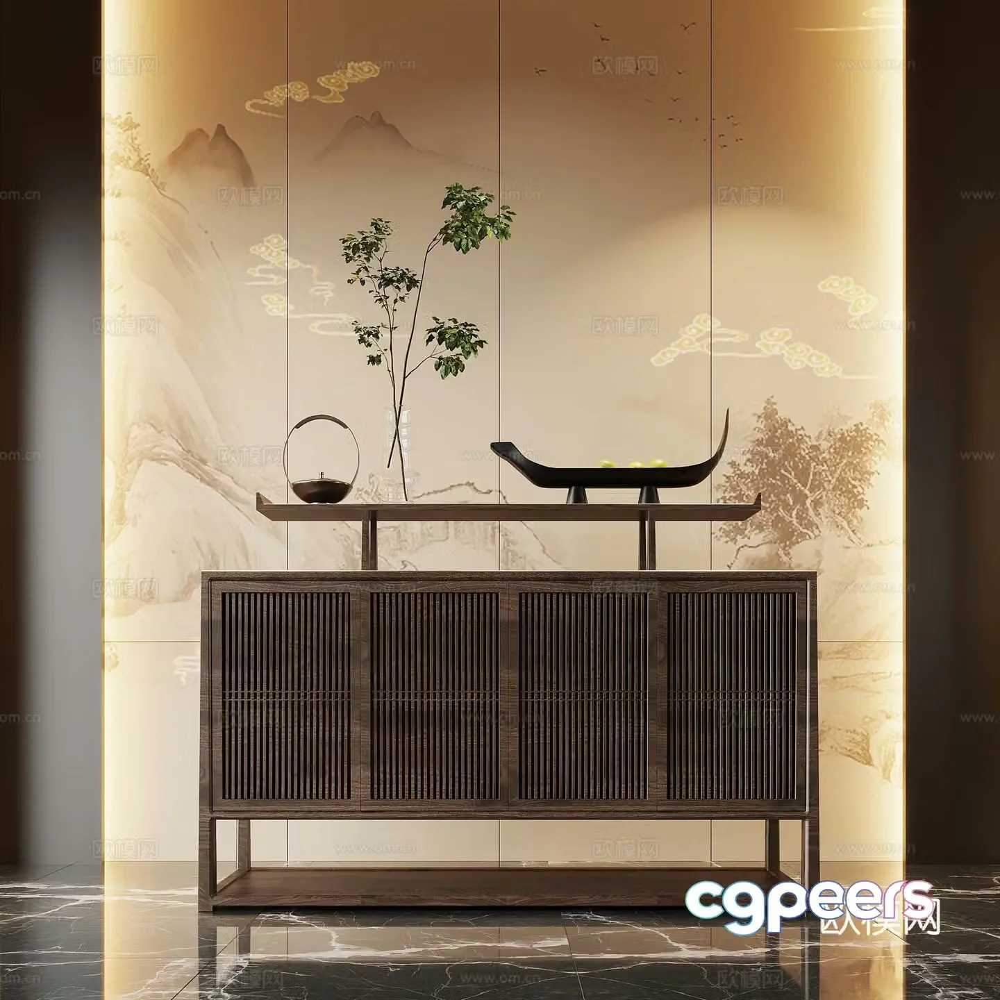 New Chinese style end view cabinet entrance cabinet potted bonsai 3D model