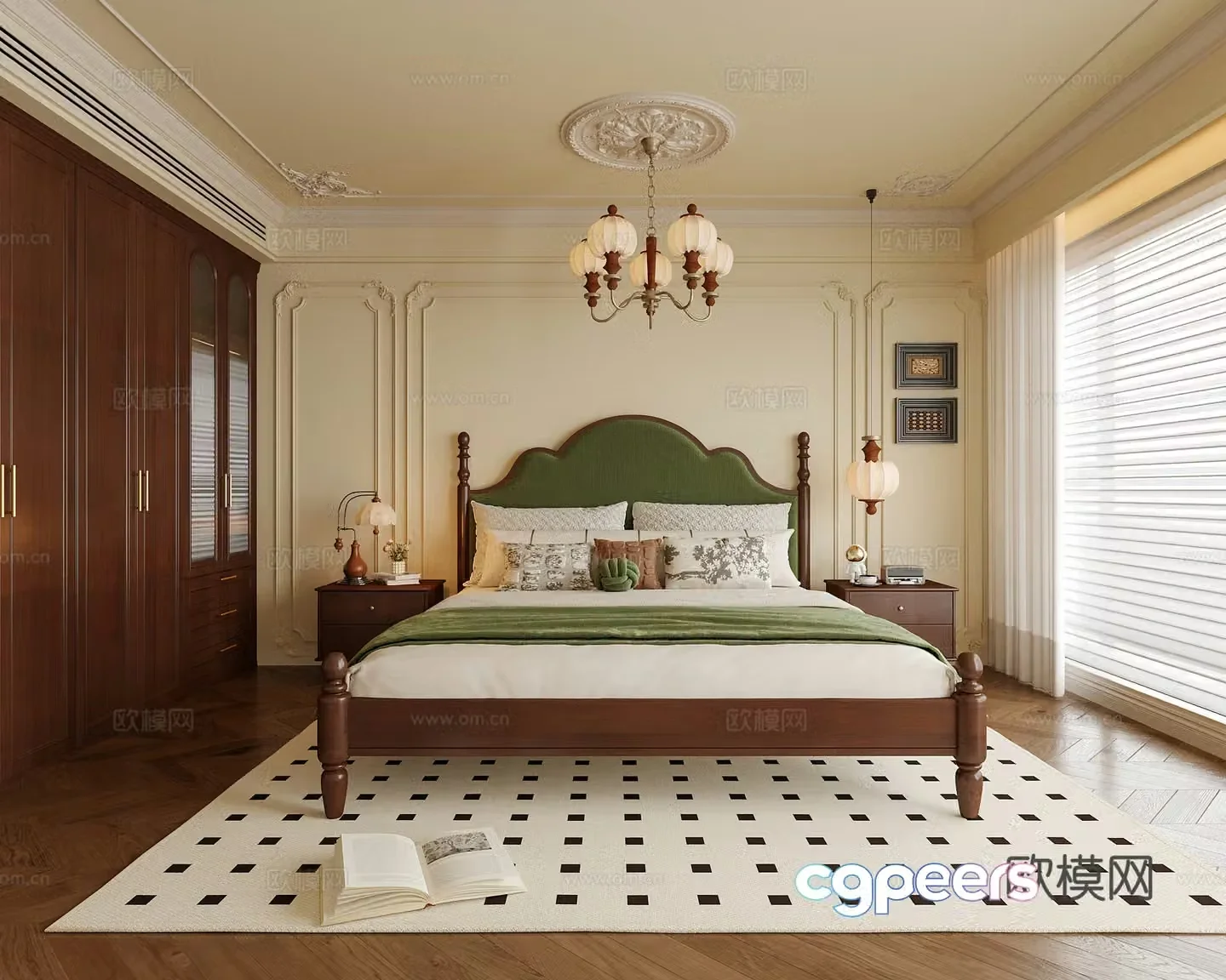 French bedroom double bed nightstand wardrobe bedroom chandeliers 3d model