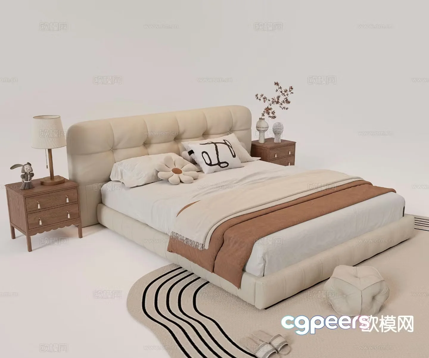 French double bed leather upholstered bedside bedside table carpet 3D model