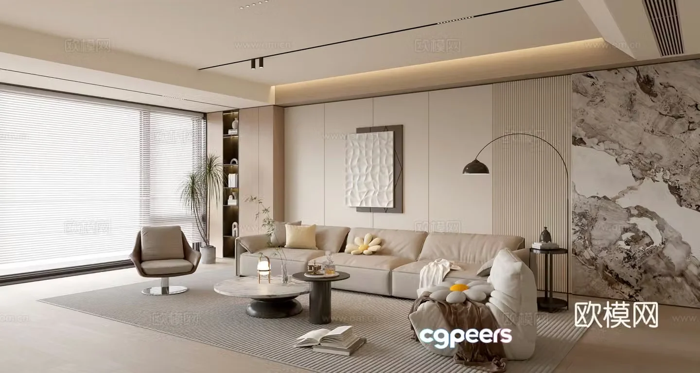 Modern creamy living room light luxury TV background wall combination coffee table sofa background wall 3d model