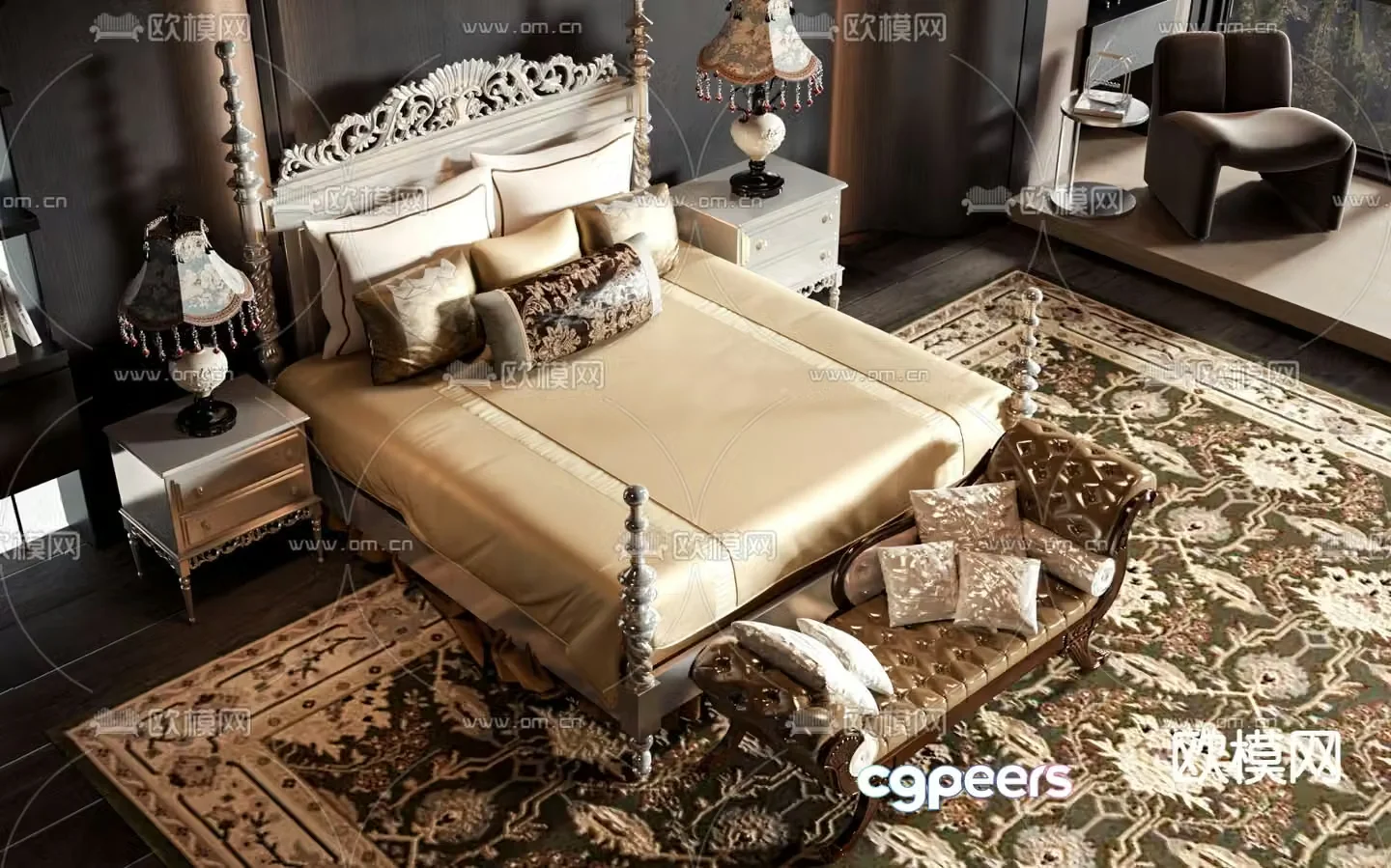 European double bed 3d model
