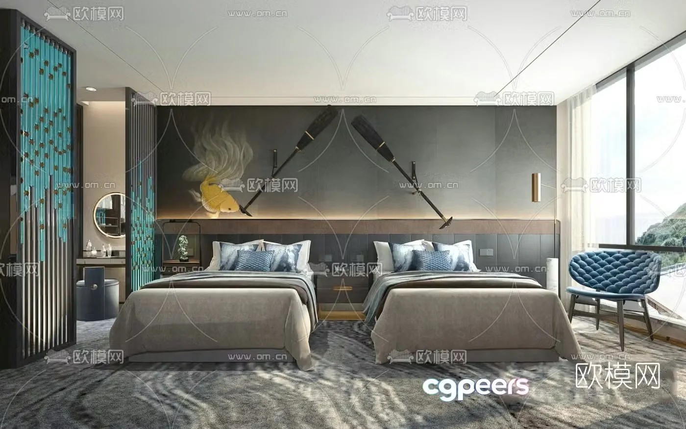 Modern hotel twin room 3d model