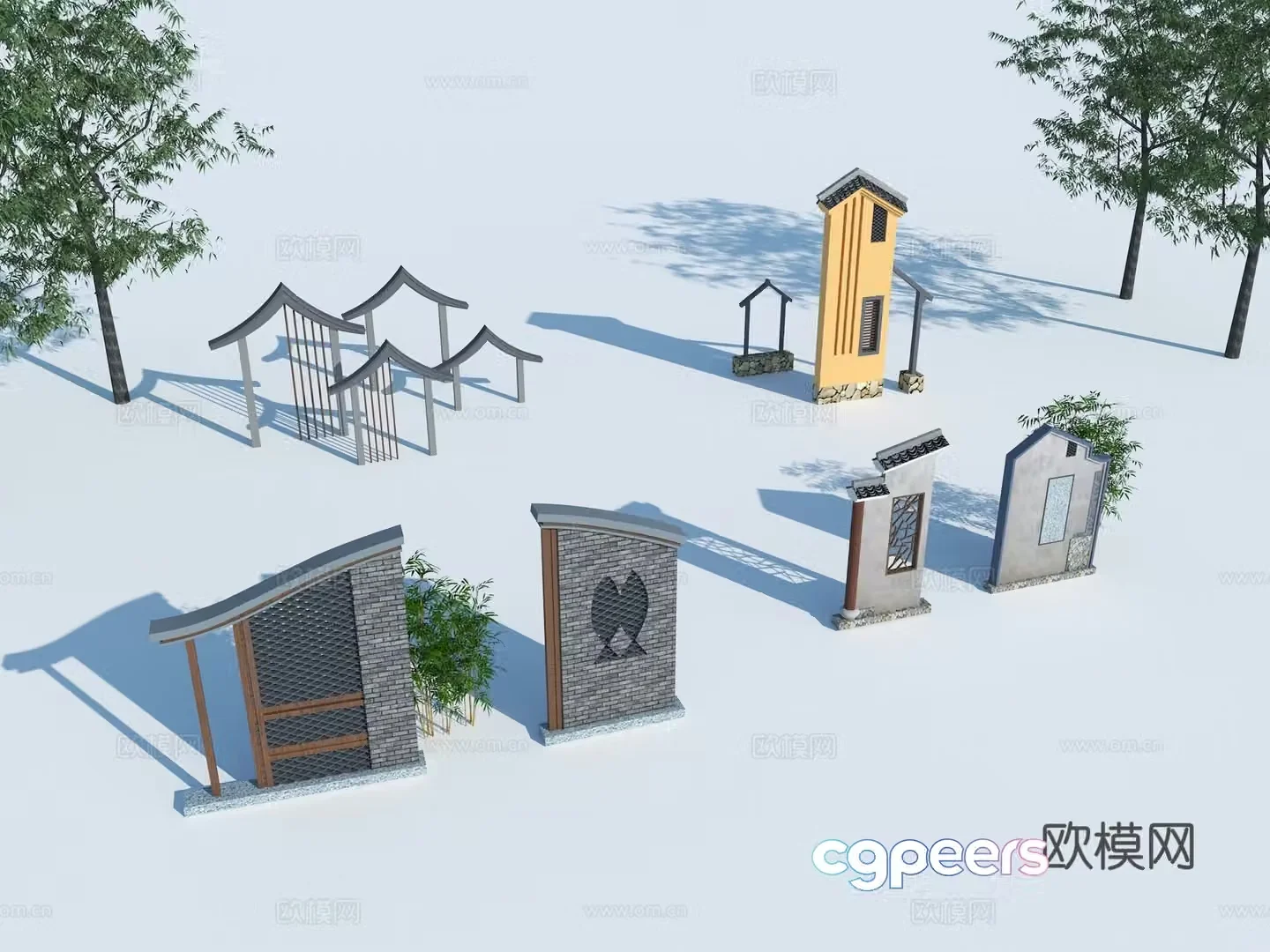 New Chinese style landscape wall spiritual fortress entrance landscape wall structure village logo 3D model