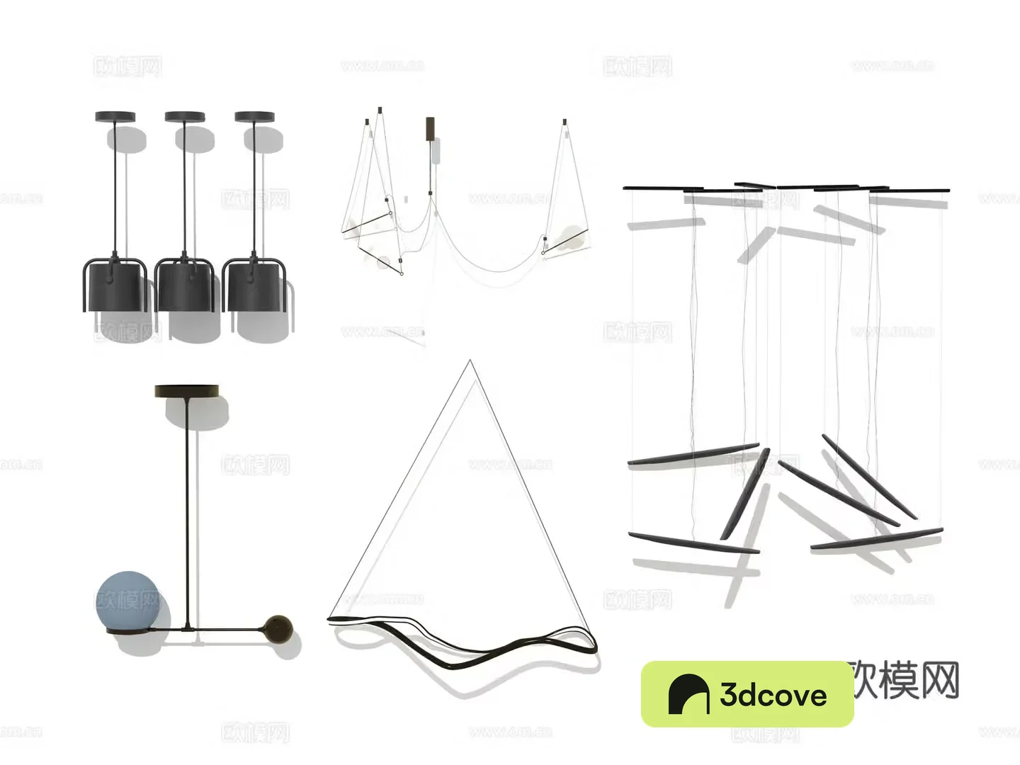 Modern Wasabi Lobby Hotel Living Room Linear Metal Cylinder Special-shaped Chandelier Combination 3D Model