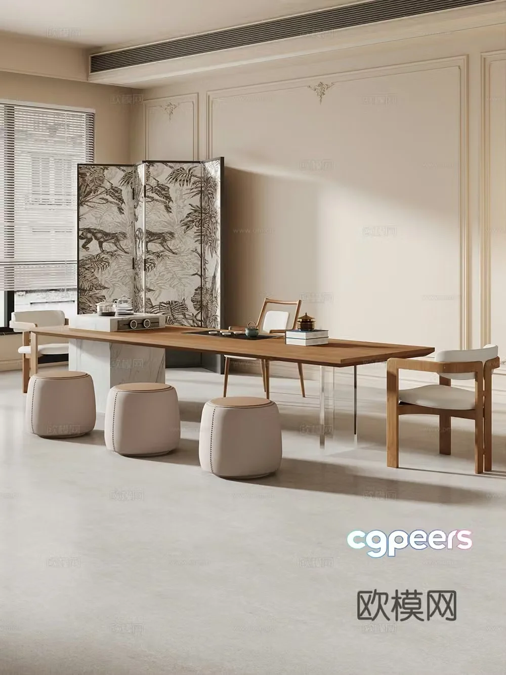 Creamy large plate table tea table and chair combination tea table tea table tea room tea table balcony tea table 3D model