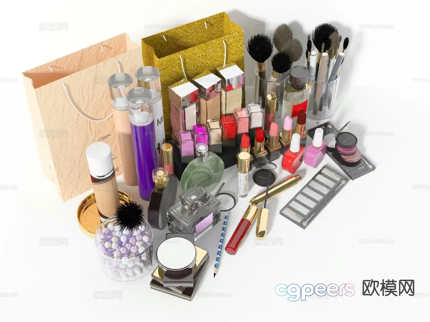 Cosmetics lip glaze makeup brush eyebrow pencil 3d model