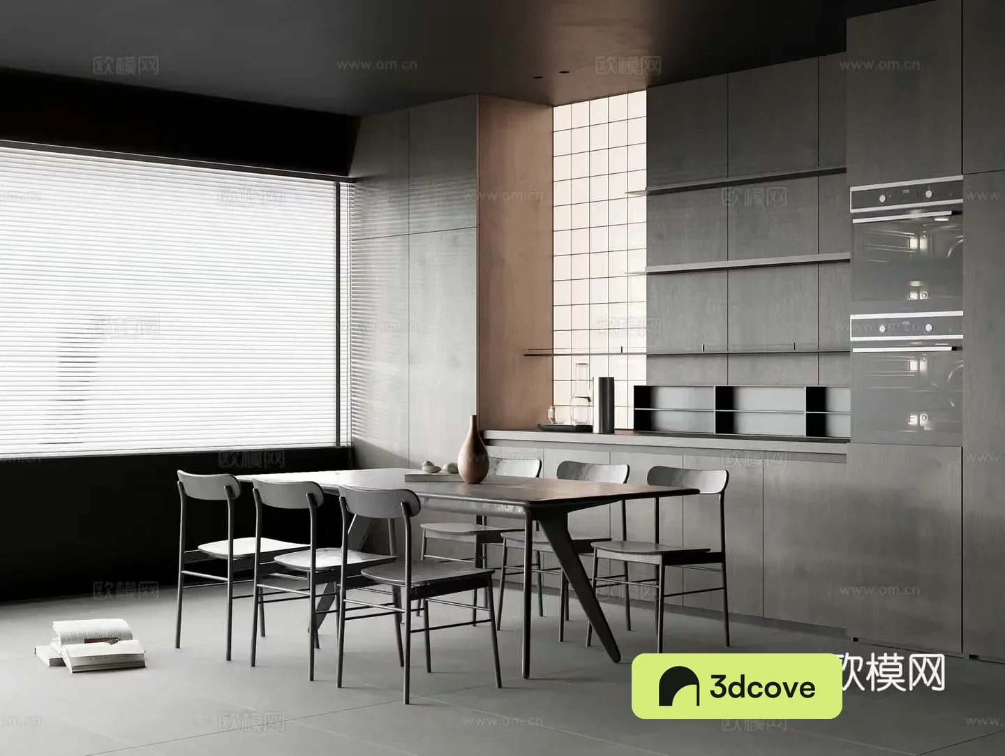 Modern restaurant Solid wood dining table Solid wood dining chair Solid wood sideboard Oven Kettle Water Cup