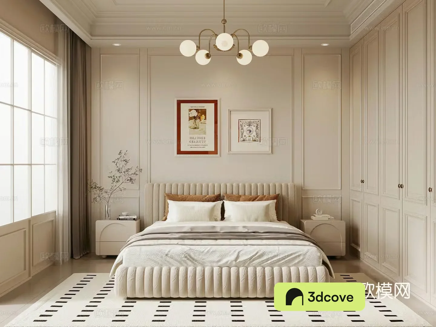 French creamy bedroom double bed nightstand wardrobe