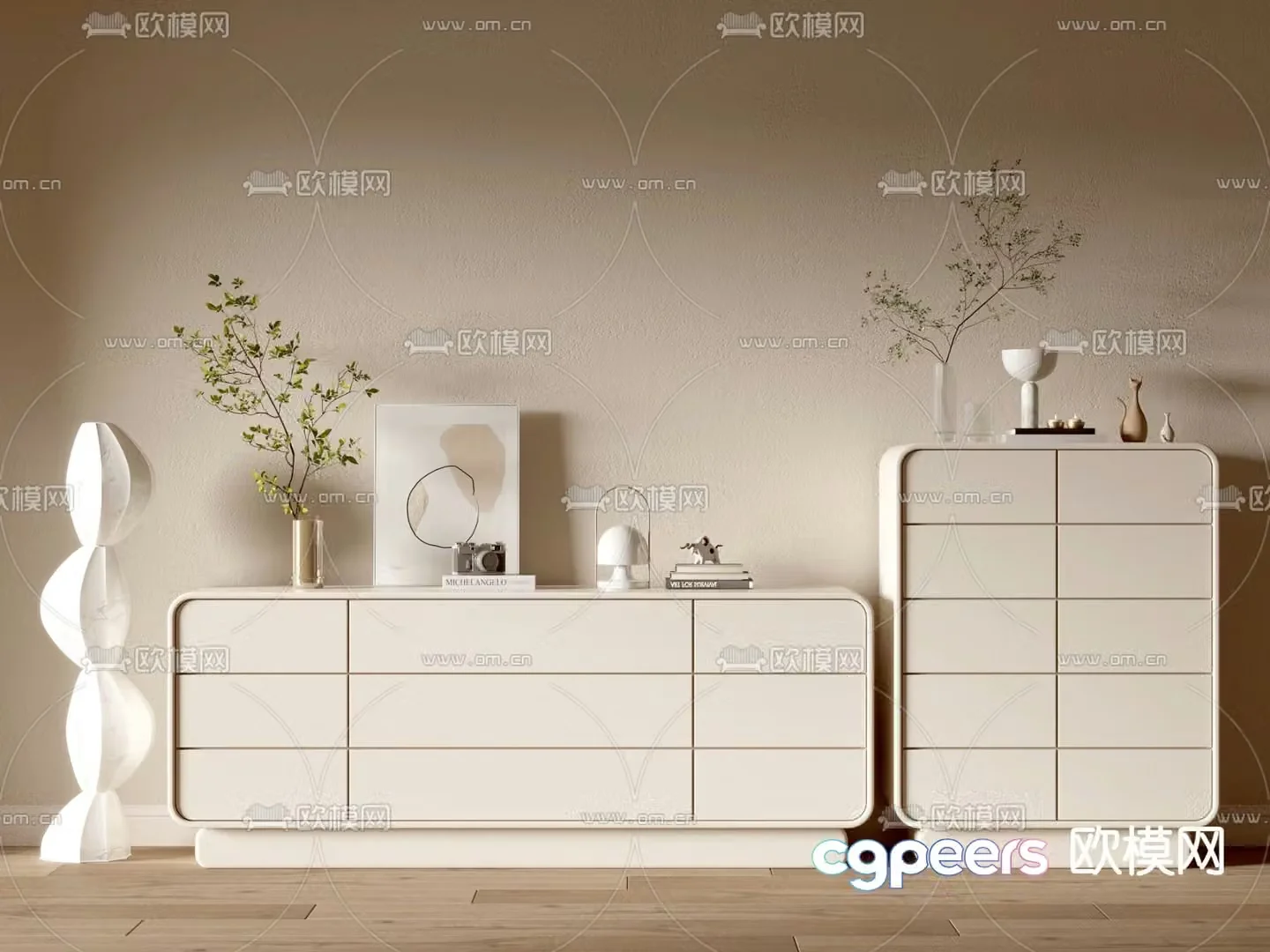 Creamy style porch cabinet low shoe cabinet 3d model