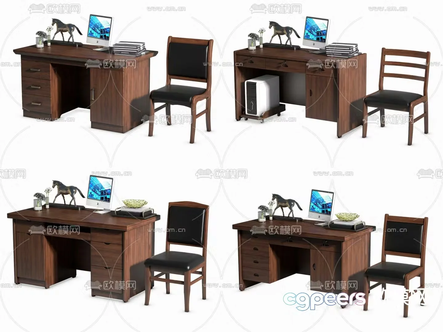 New Chinese style office desks and chairs 3D model of office desks and chairs