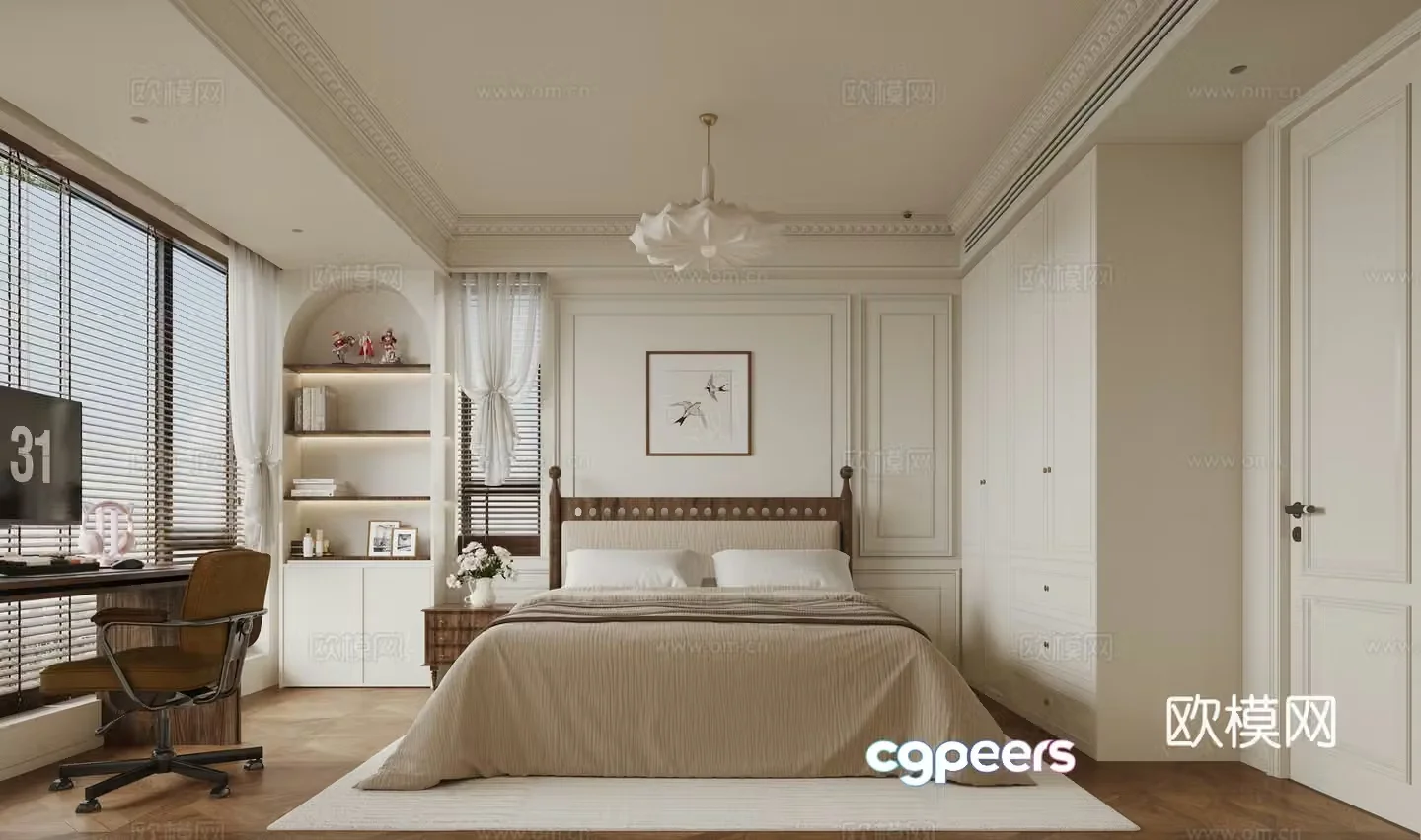 French creamy bedroom 3d model