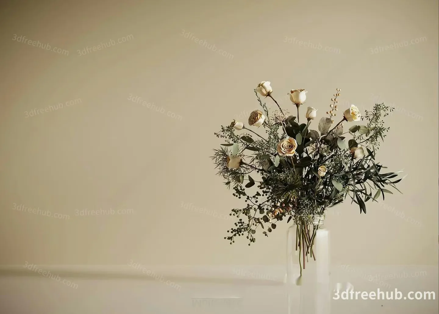 A Clear Glass Vase With White Flowers And Greenery 3D Model – 21243 – VRAY Render