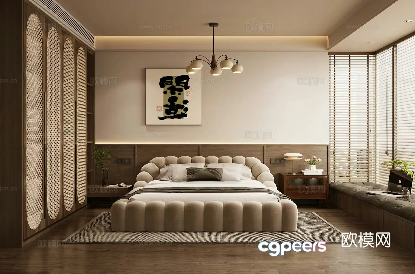 Middle style home bedroom Middle style elder room Second bedroom Middle style bedroom bed Middle style bedside table 3D model