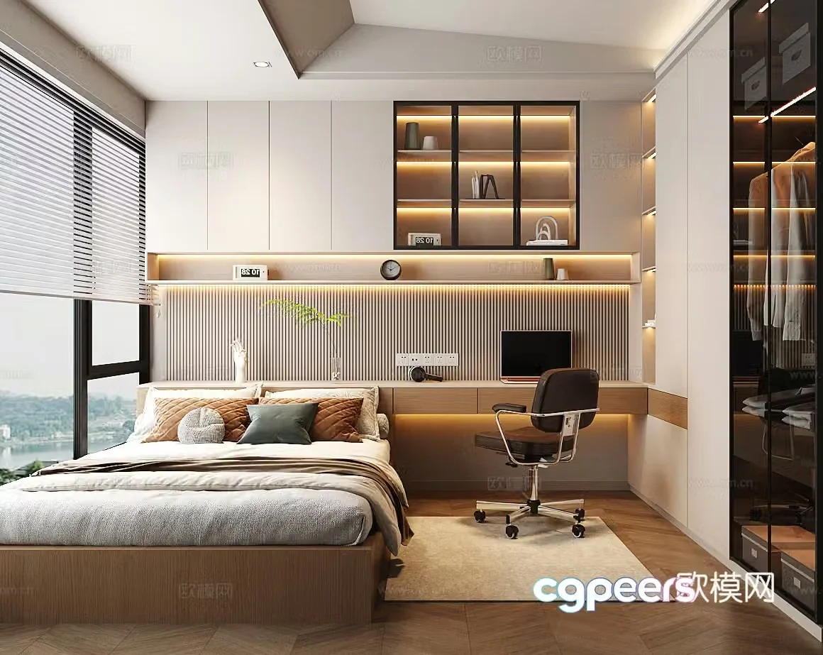 Modern strolling bedroom wardrobe desk cabinet single chair jewelry ornaments clothing carpet book 3d model