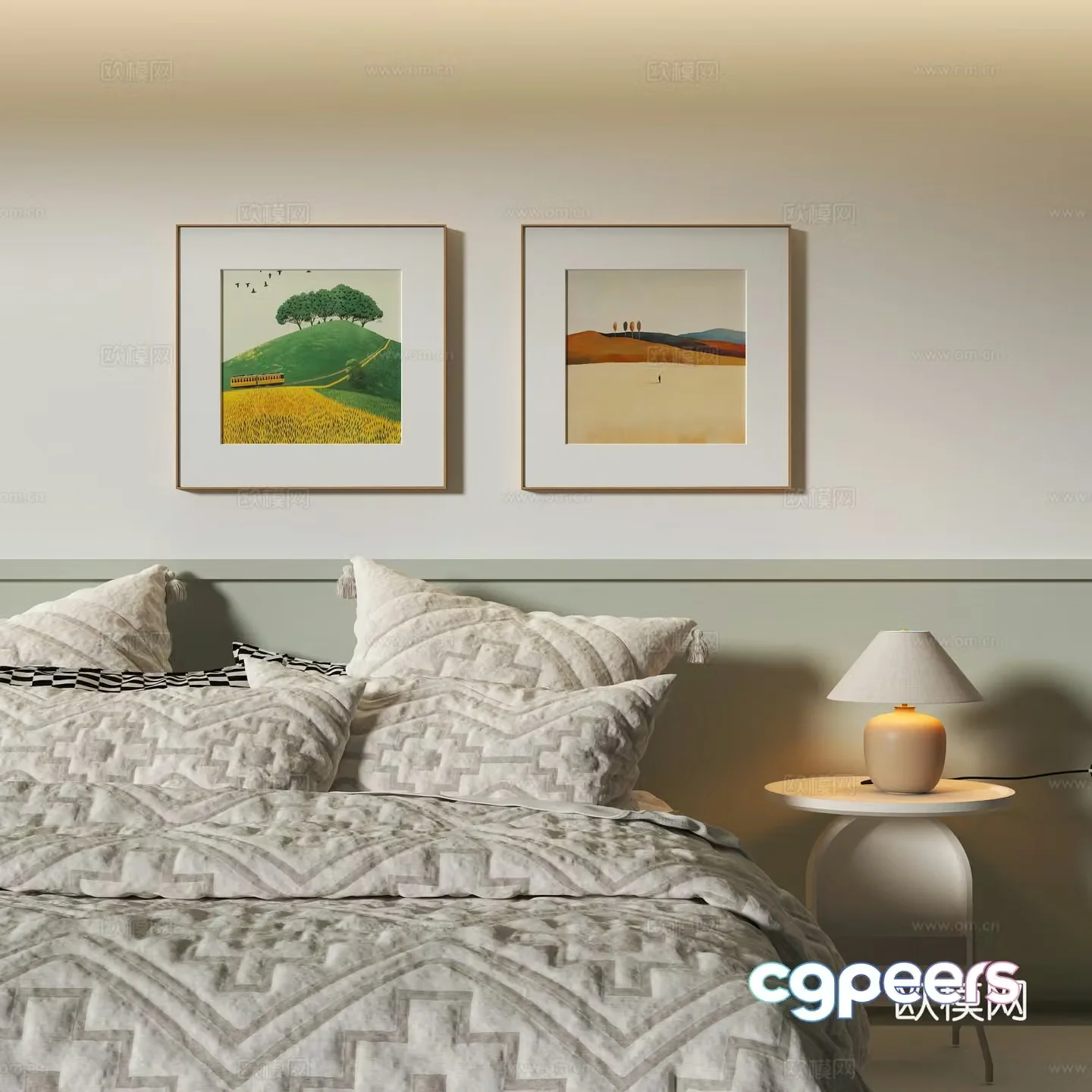 Modern bedroom decoration hanging painting desk lamp pillow 3d model