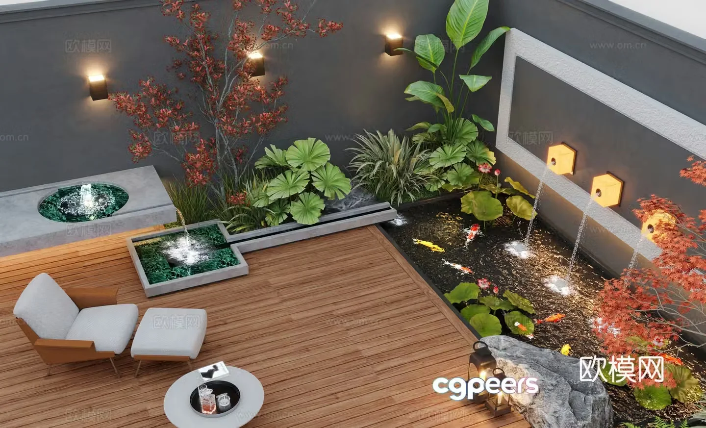 Modern courtyard landscape home yard garden waterscape stacked water fish pond 3d model