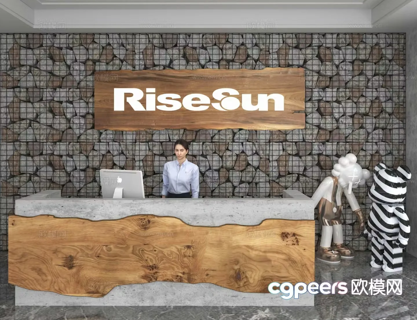Industrial style front desk reception desk information desk office background 3d model