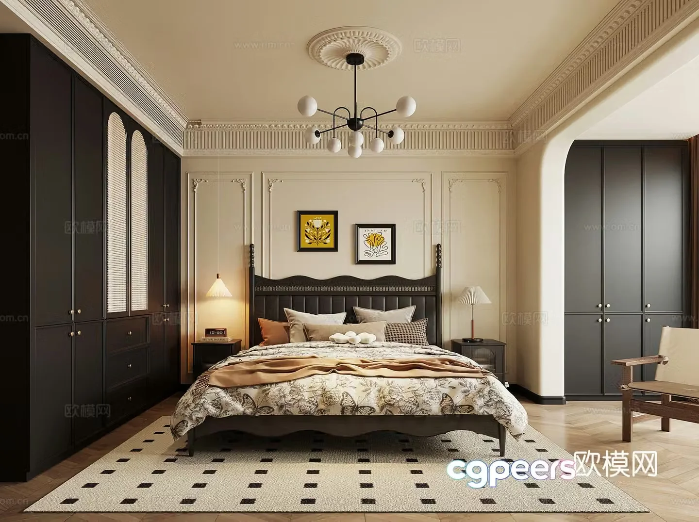 French retro style bedroom double bed nightstand wardrobe dressing table 3d model