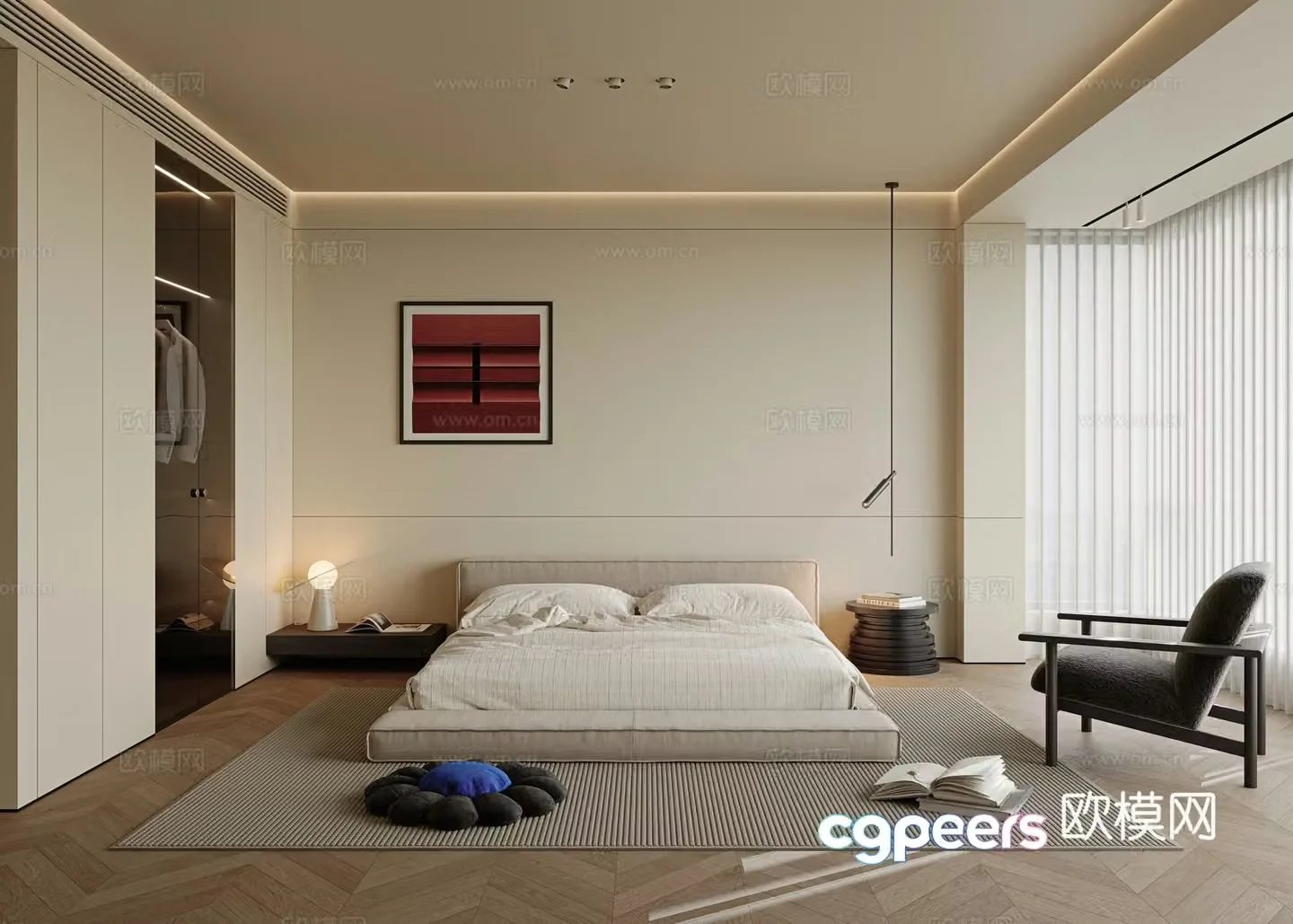 Wasabi minimalist bedroom master light-free bedroom master bedroom elderly room fabric double bed chandelier 3d model