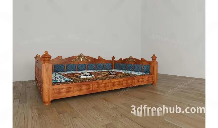 Wooden Daybed With Blue Cushions 3D Model – 23285 – VRAY Render