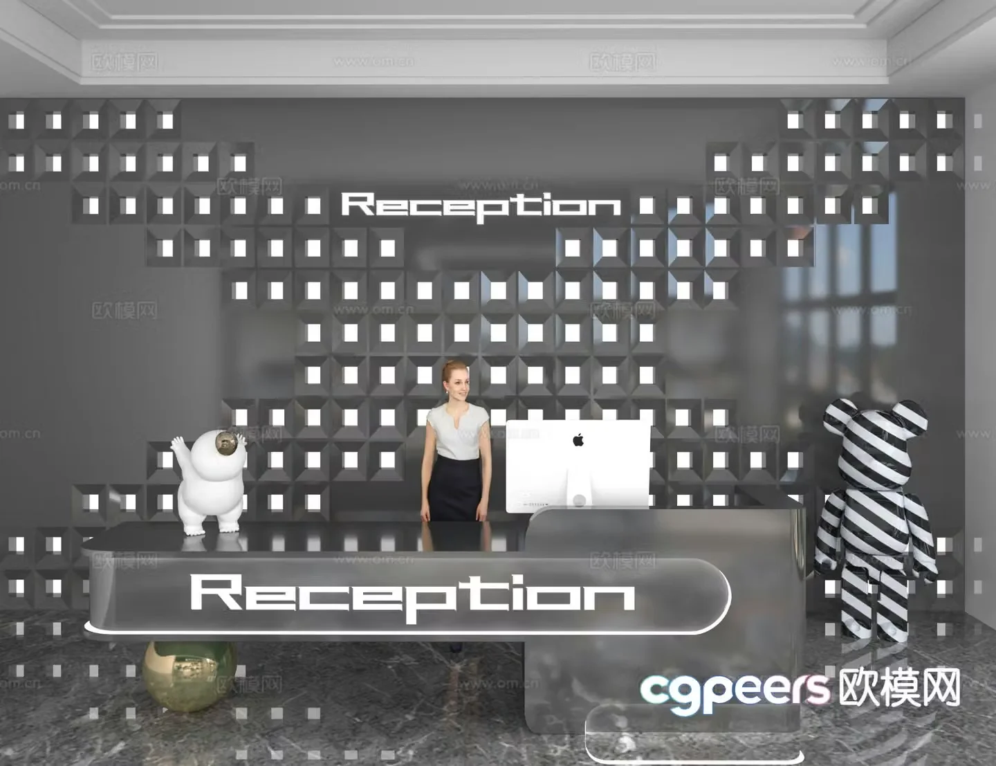 Modern front desk reception desk information desk office background 3d model