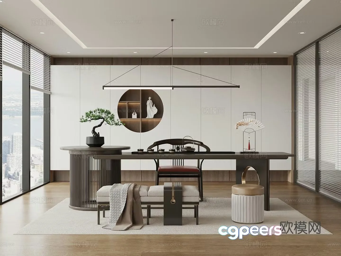 New Chinese-style tea room tea table and chair tea room cabinet tea set potted plant office tea room 3D model
