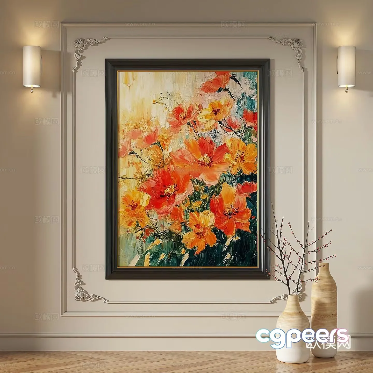 French retro medieval modern oil painting light luxury simple abstract decorative painting 3d model